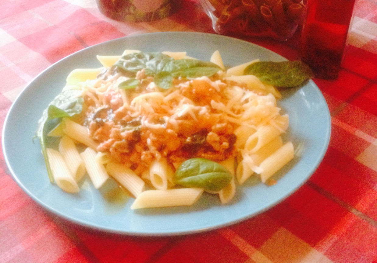 penne w kremowym mięsno-szpinakowym sosie foto