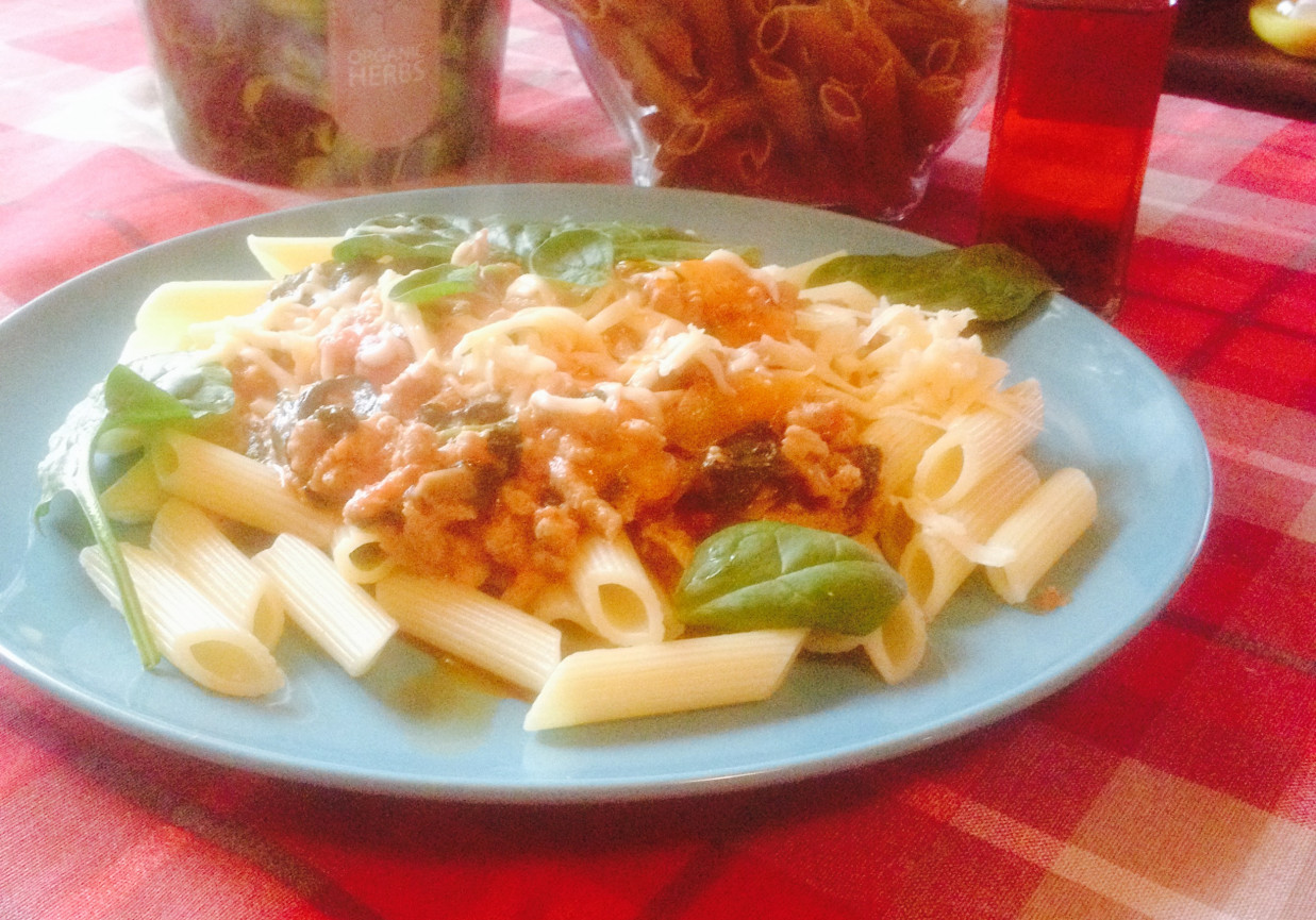 penne w kremowym mięsno-szpinakowym sosie foto