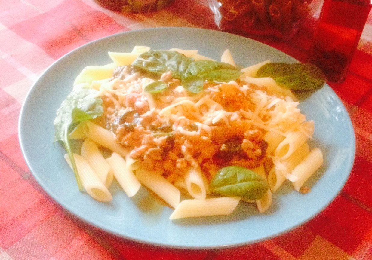 penne w kremowym mięsno-szpinakowym sosie foto