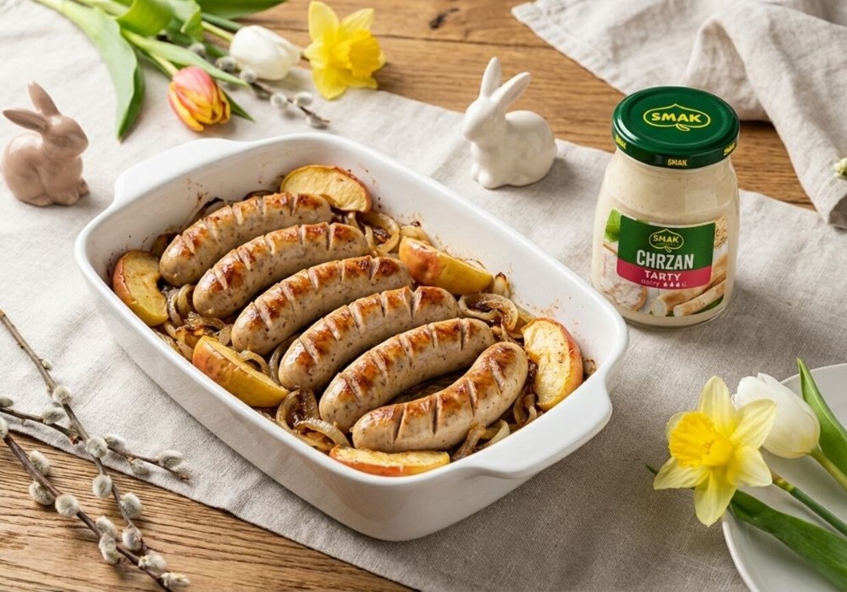 Pieczone białe kiełbaski z jabłkiem i chrzanem foto