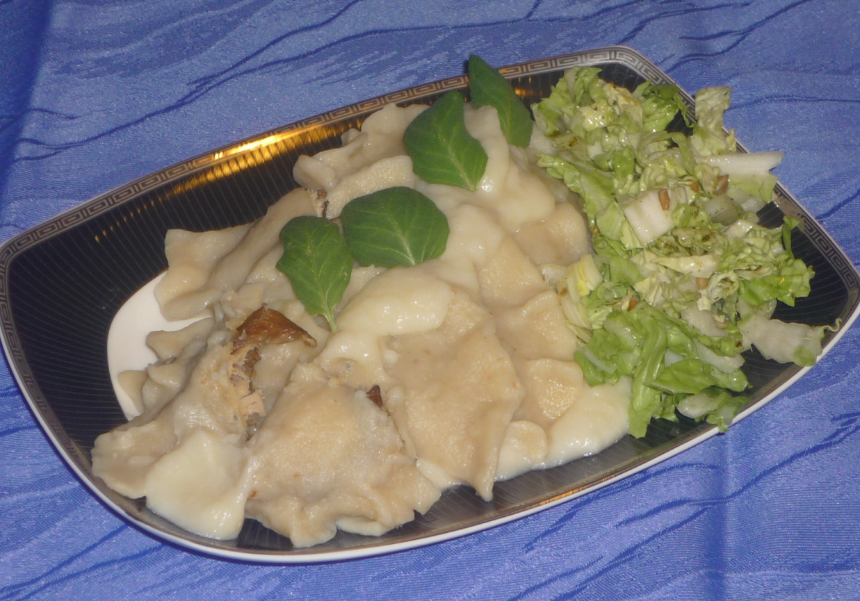 Pierogi z mięsem i smażonymi maślakami w sosie kalafiorowym foto