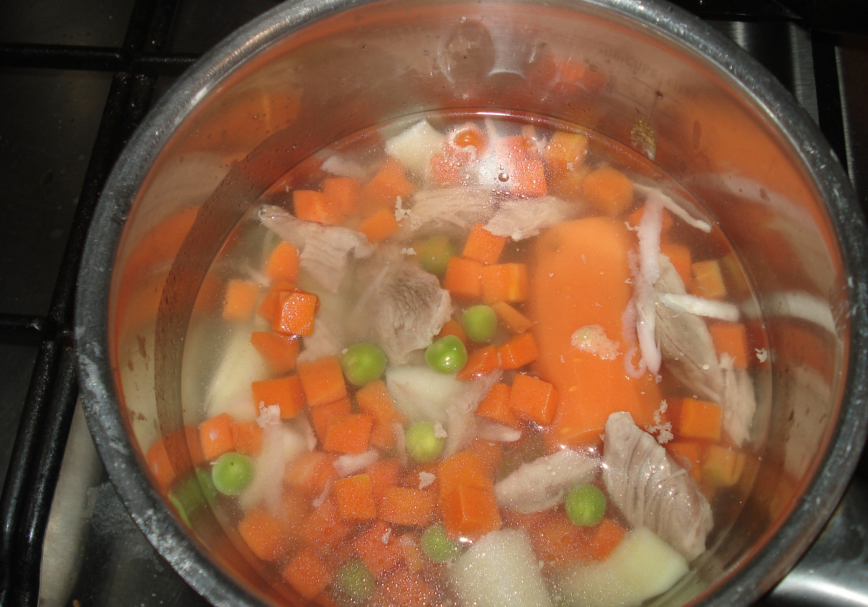 Pierwsza zupka- marchewka, groszek i mięsko z indyka foto