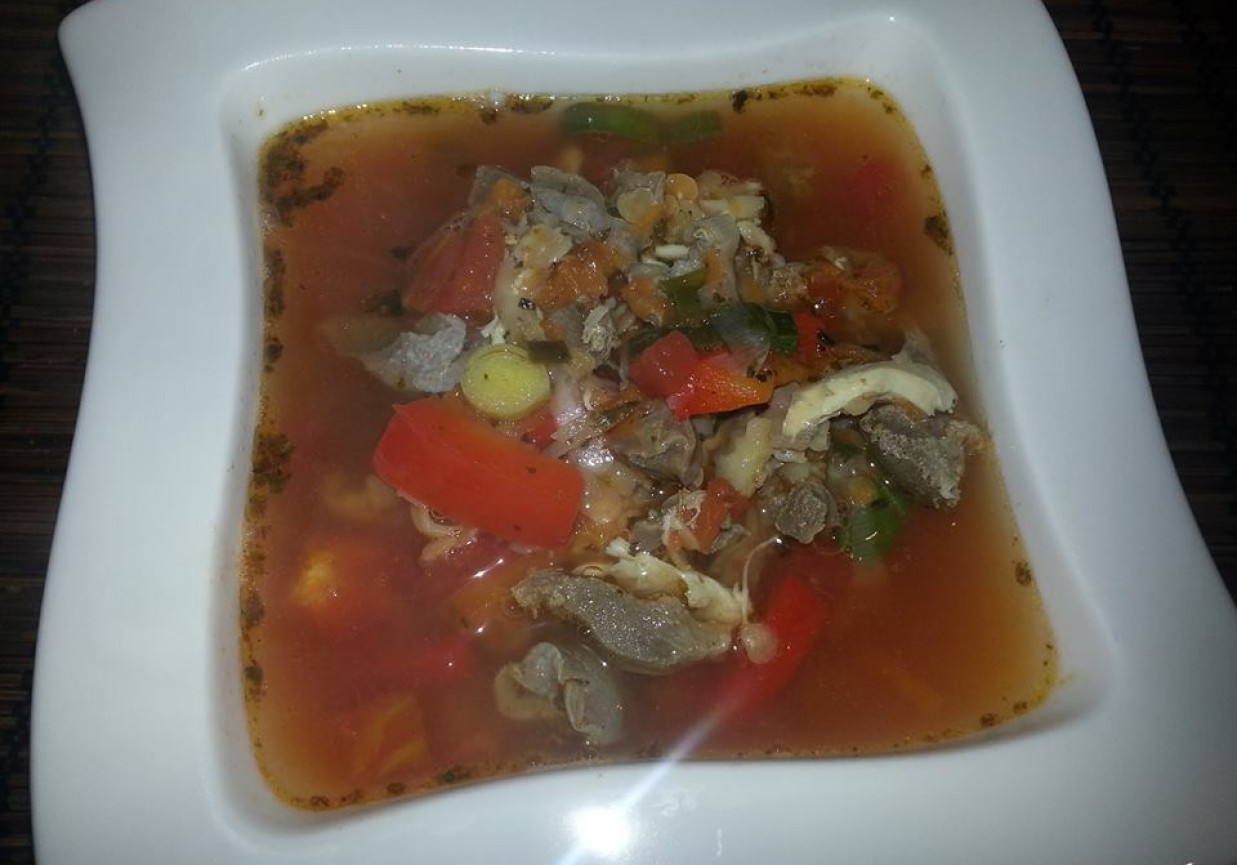 Pikantna Zupa z żołądków drobiowych z soczewicą. foto