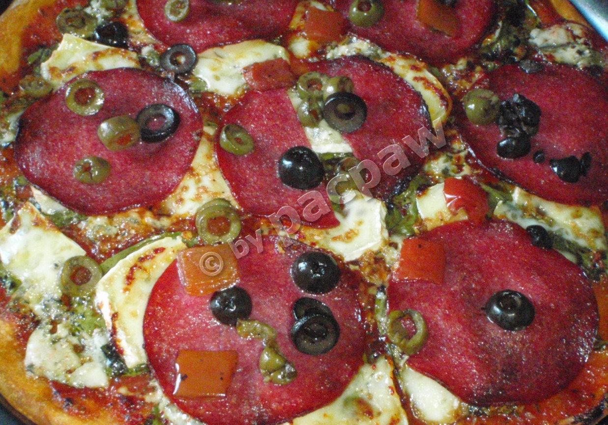 Pizza dwupleśniowa ze szpinakiem i salami foto