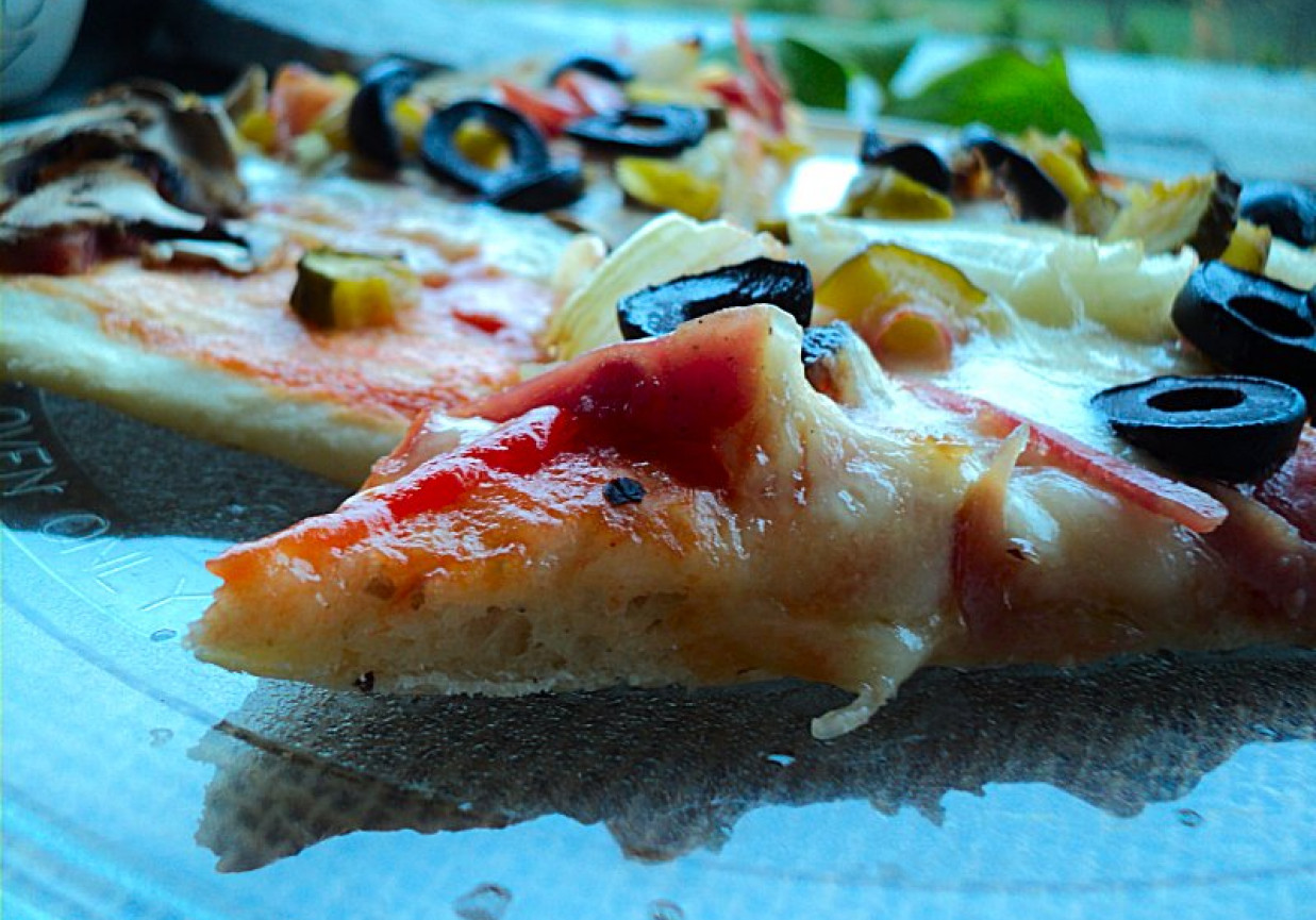 Pizza na cienkim cieście z pikantnym ogórkiem, szynką parmeńską  foto