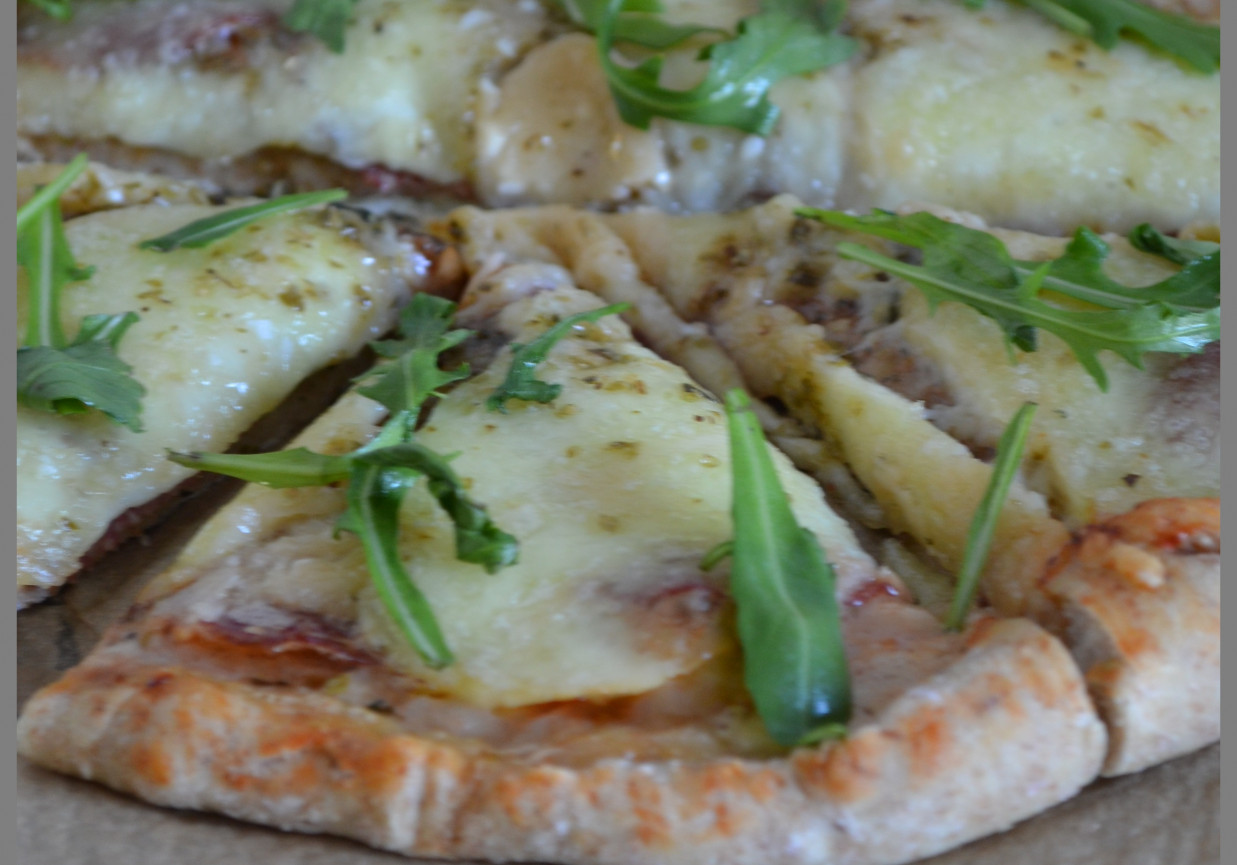 pizza na razowym cieście z salami,parmezanem i mozzarellą foto