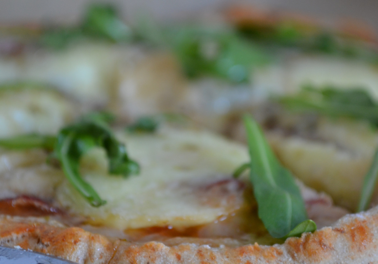 pizza na razowym cieście z salami,parmezanem i mozzarellą foto