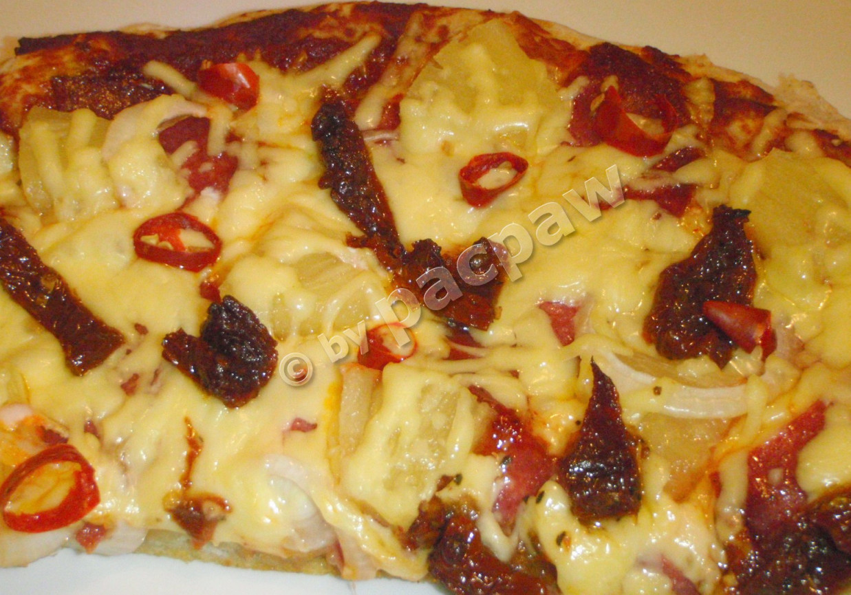 Pizza pełnoziarnista z salami pieprzowym, pomidorami suszonymi i papryczkami piri-piri foto