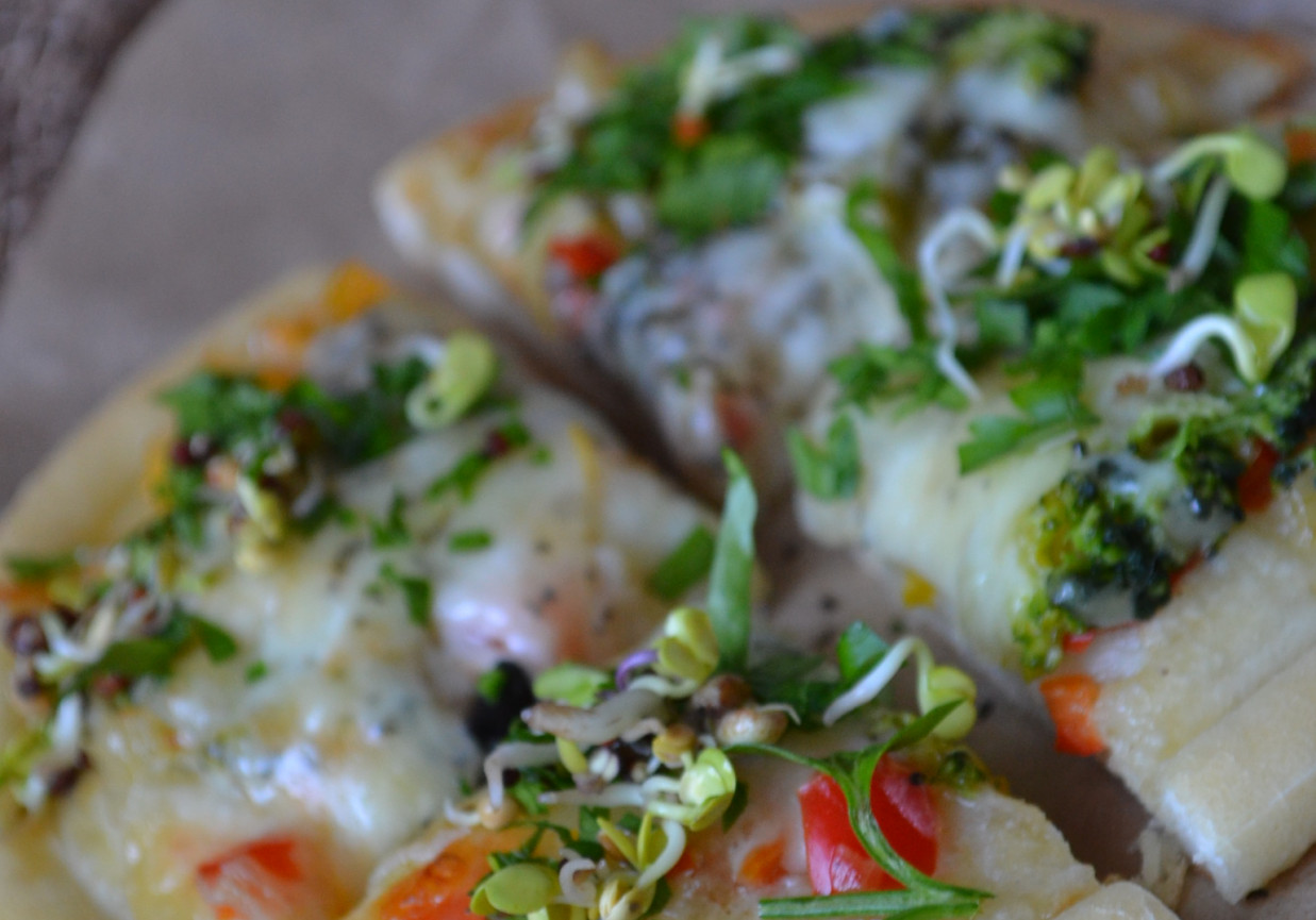 pizza wegetariańska z brokułem ,cheddarem i mozzarellą foto