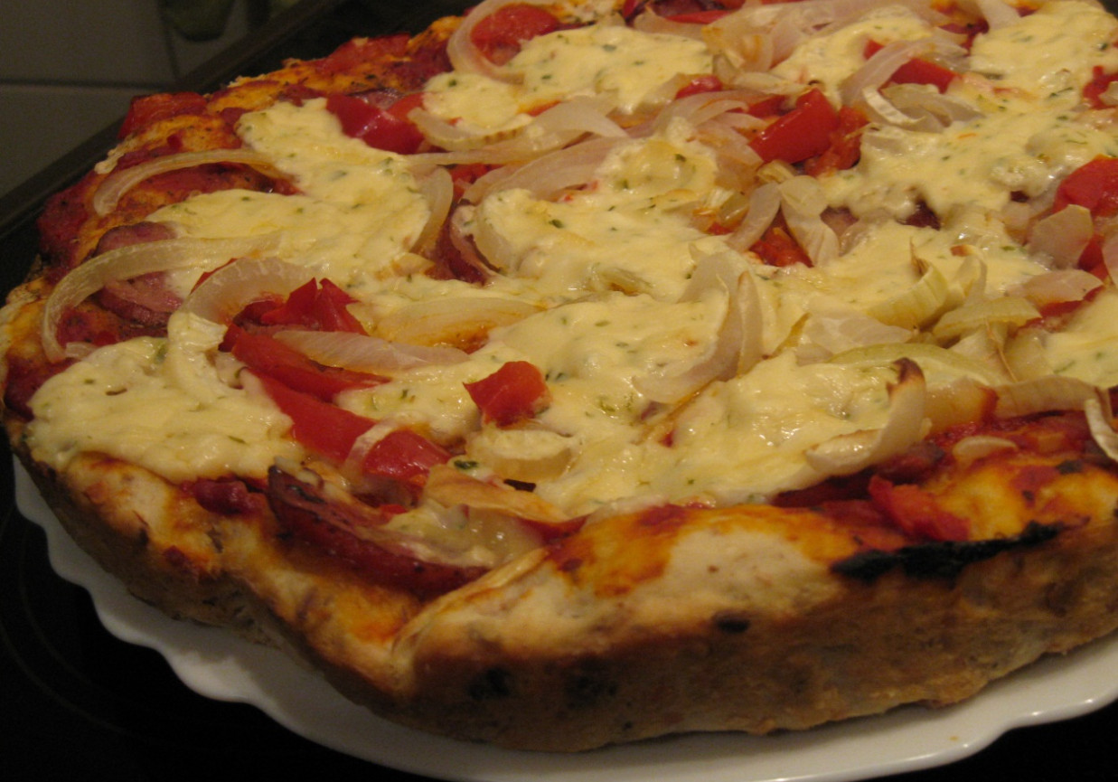 Pizza wieloziarnista z papryką, kiełbasą, cebulą i serkiem topionym foto