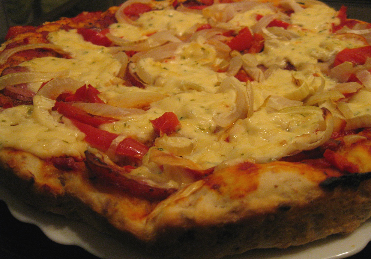 Pizza wieloziarnista z papryką, kiełbasą, cebulą i serkiem topionym foto