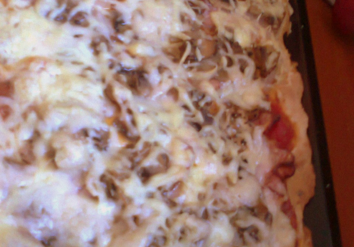 pizza z boczkiem, pieczarkami i serem, spód z dodatkiem oregano foto