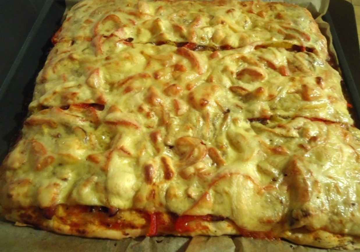 Pizza z kiełbasą, cebulą i papryką foto