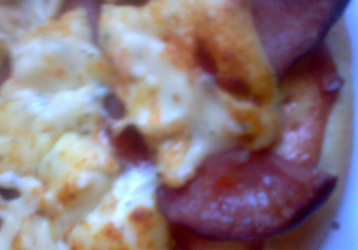 Pizza z kiełbasą krakowska i serkiem toponym ze szczypiorkiem foto