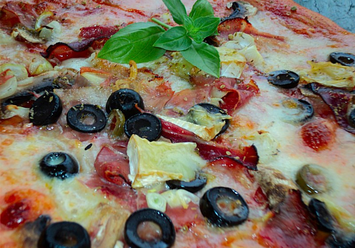 Pizza z mozarellą, camembertem, oliwkami na cienkim cieście  foto