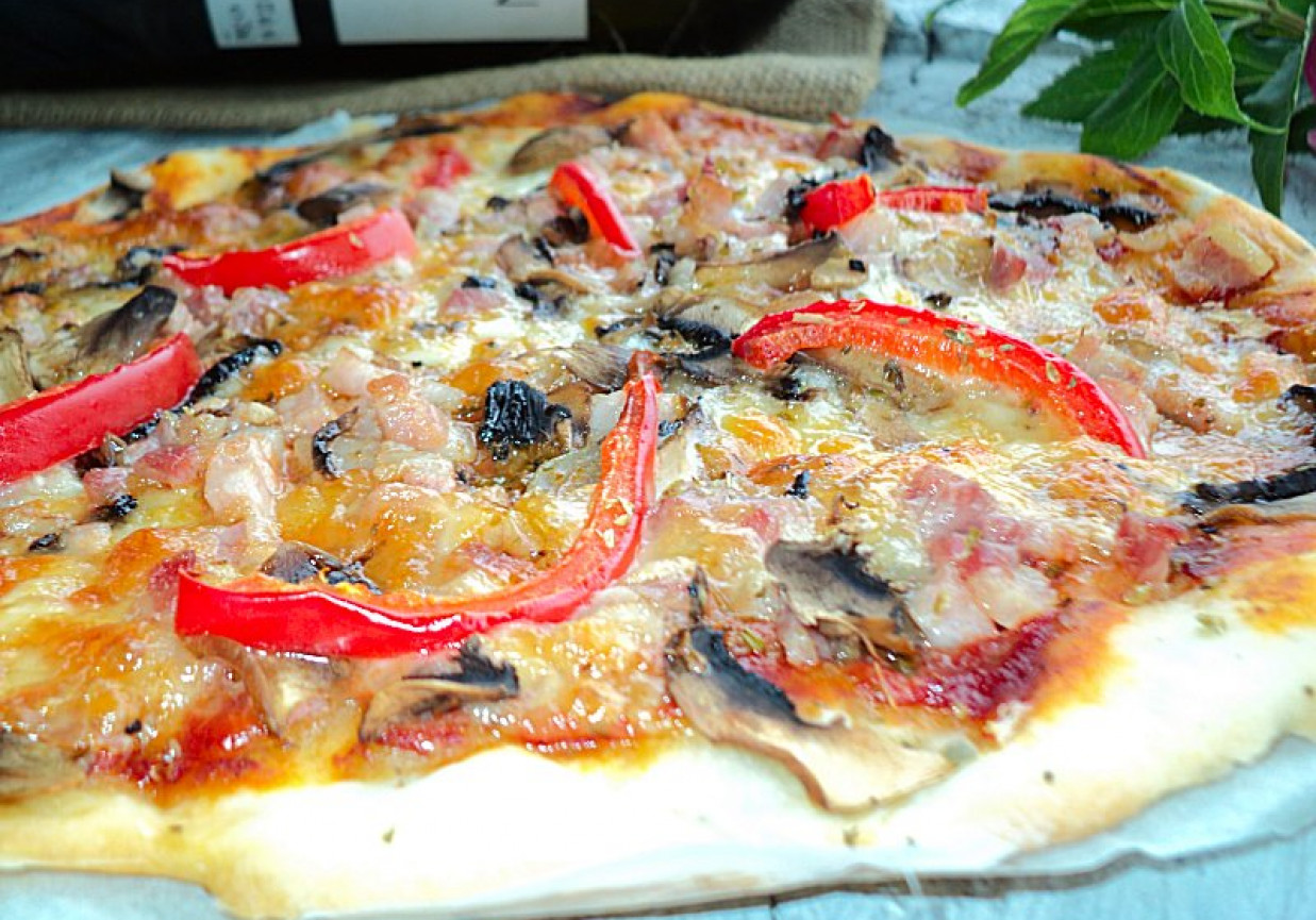 Pizza z pastą paprykową pikantnym serem długo dojrzewającym i boczkiem  foto