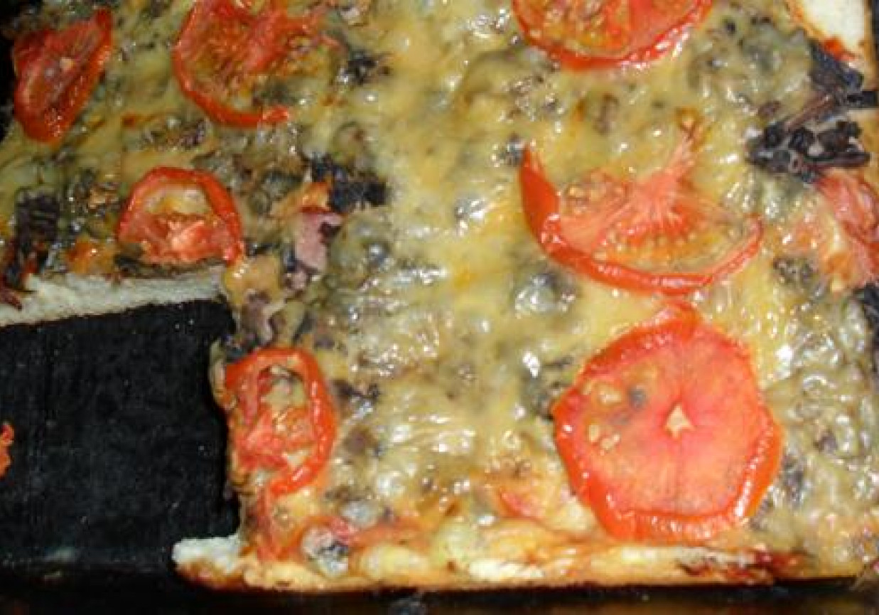 Pizza z pomidorami, szynką i oliwkami foto
