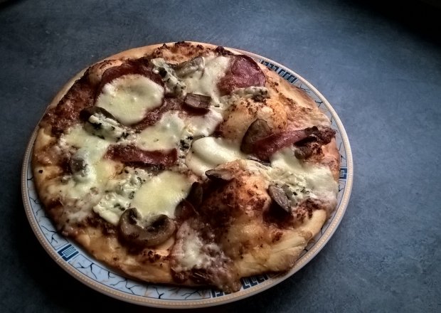 Fotografia przedstawiająca Pizza z salami, gorgonzolą i mozarellą