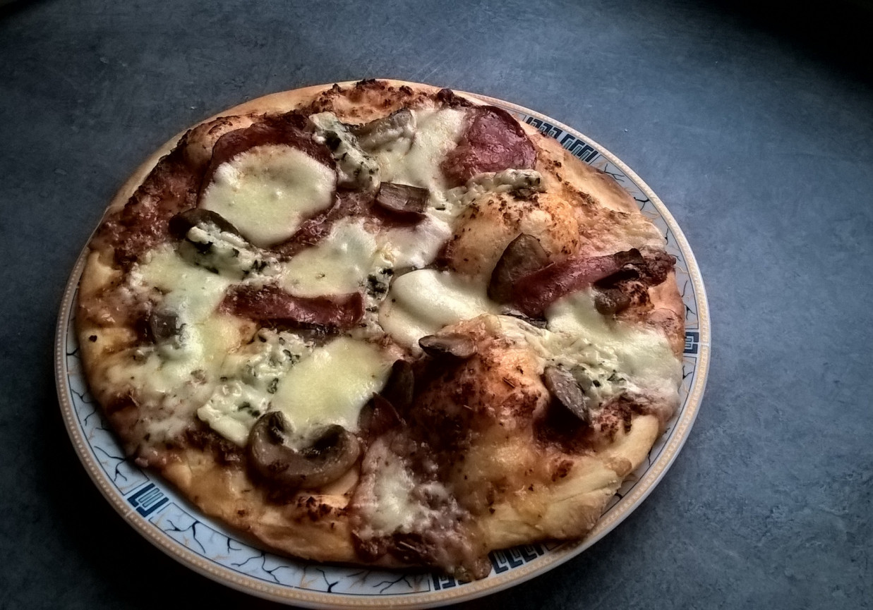 Pizza z salami, gorgonzolą i mozarellą foto