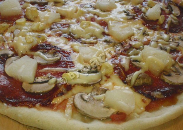 Fotografia przedstawiająca Pizza z salami, pieczarkami i ananasem