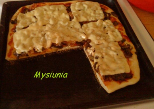 Fotografia przedstawiająca pizza z serem w plasterkach i szynką