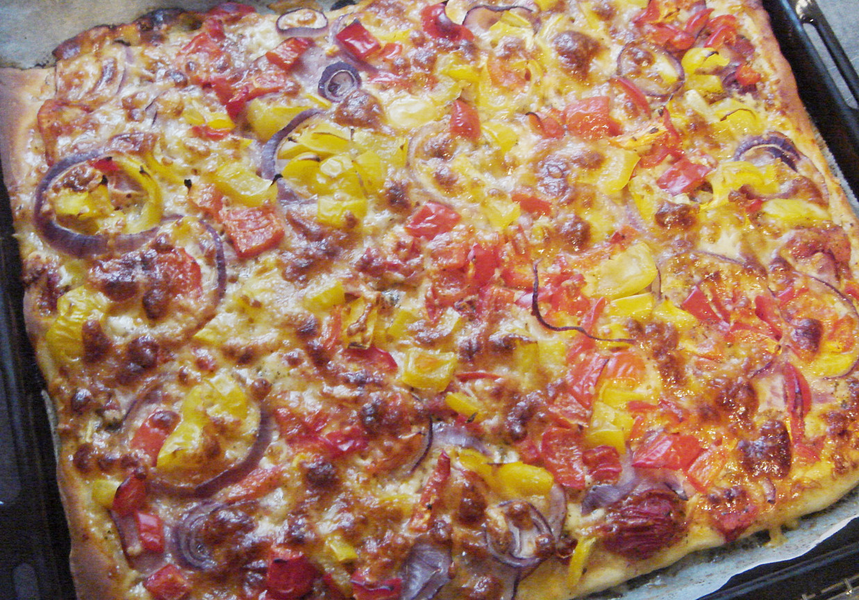 Pizza z szynką, papryką i czerwoną cebulą foto