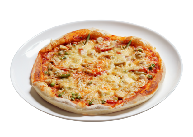 Fotografia przedstawiająca Pizza z szynką, serem, pieczarkami i groszkiem