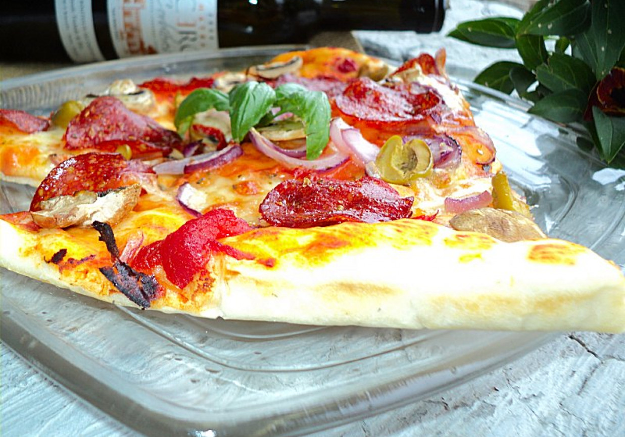 Pizza z wędzonym serem, oliwkami, salami, sosem pomidorowym  foto