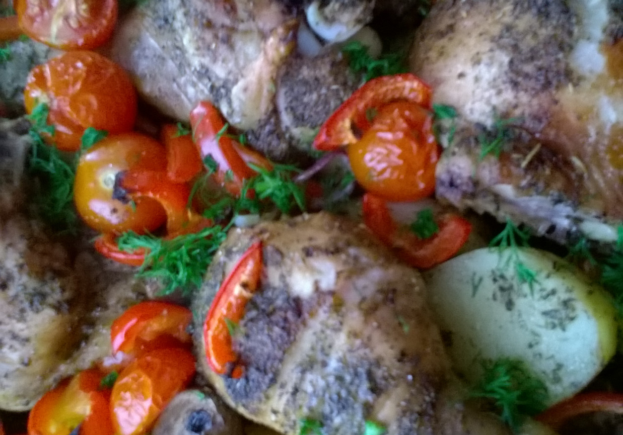 Podudzia z kurczaka zapiekane z ziemniakami i warzywami foto
