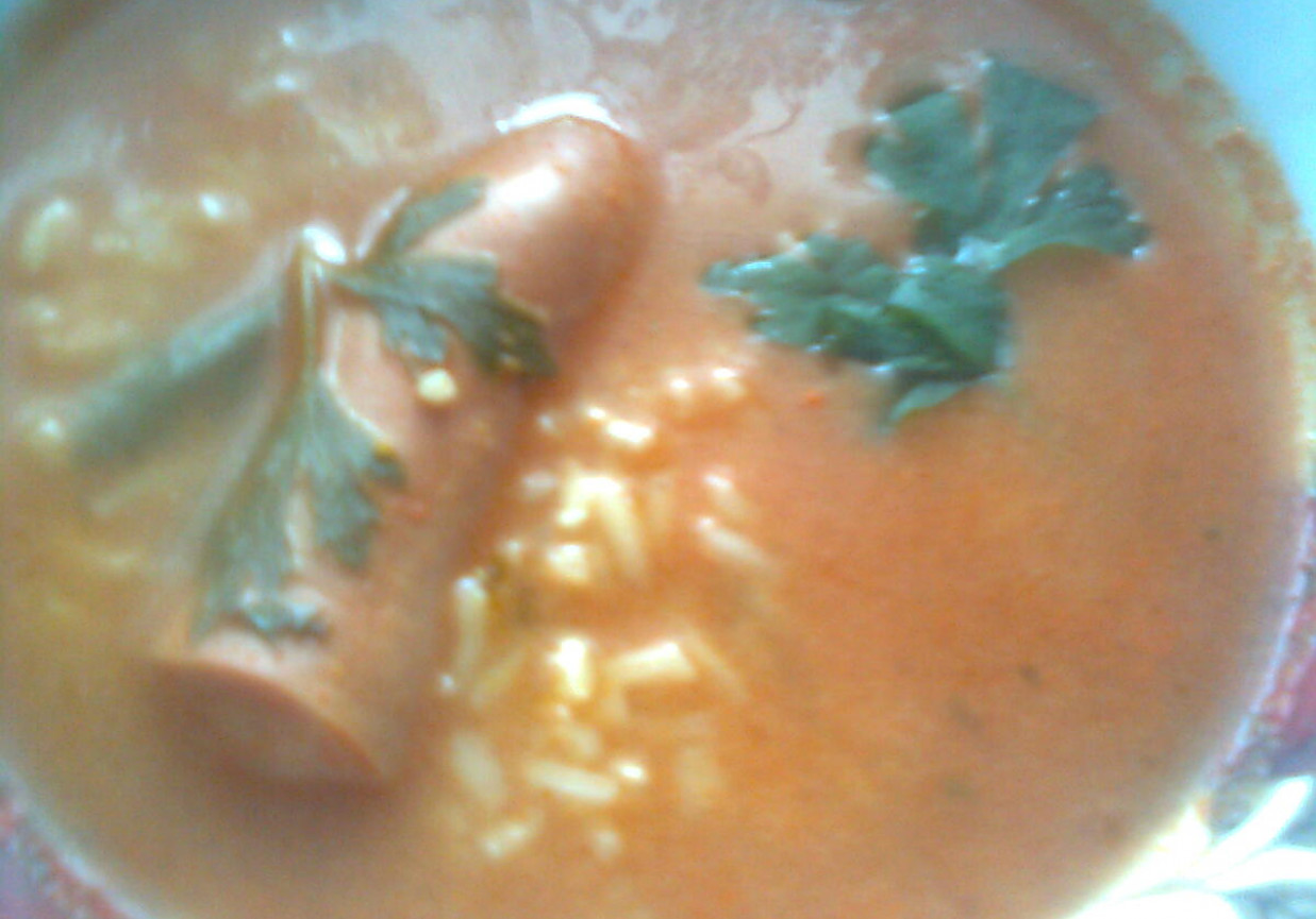 Pomidorowa z ryżem i parówkami foto