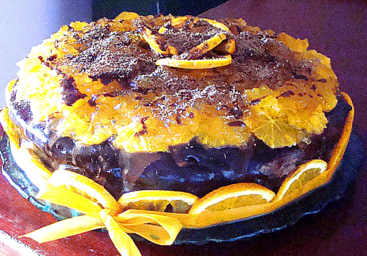 Potrójnie czekoladowy z nutą pomarańczy, tort urodzinowy (biszkop, masa, polewa-choco) foto