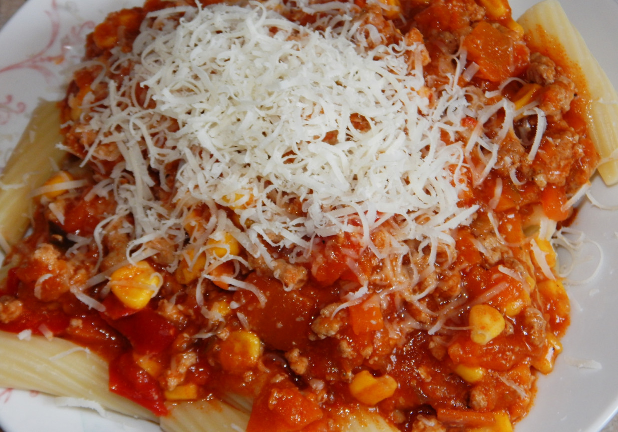 Rigatoni z sosie pomidorowym z bakłażanem i wieprzowiną foto