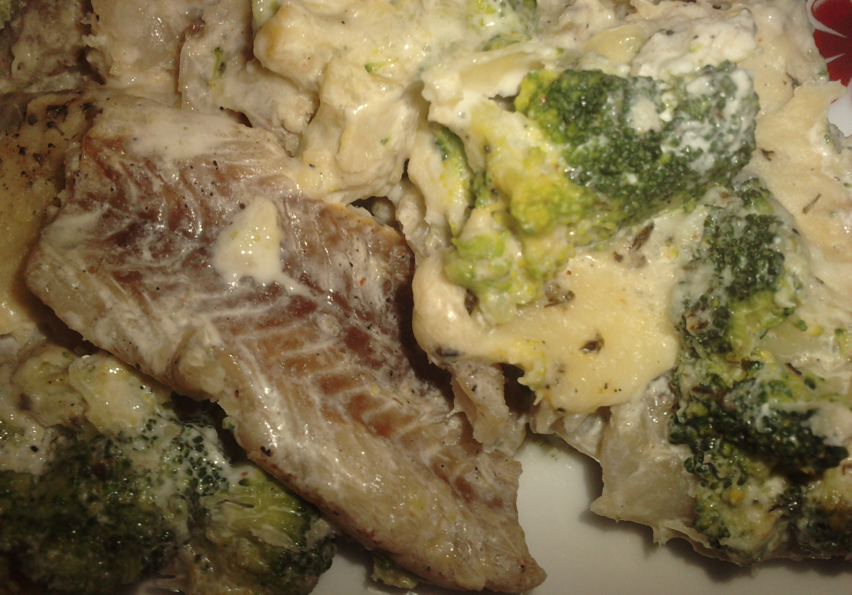 Ryba zapiekana z brokułami, mozzarellą, w sosie śmietanowym foto