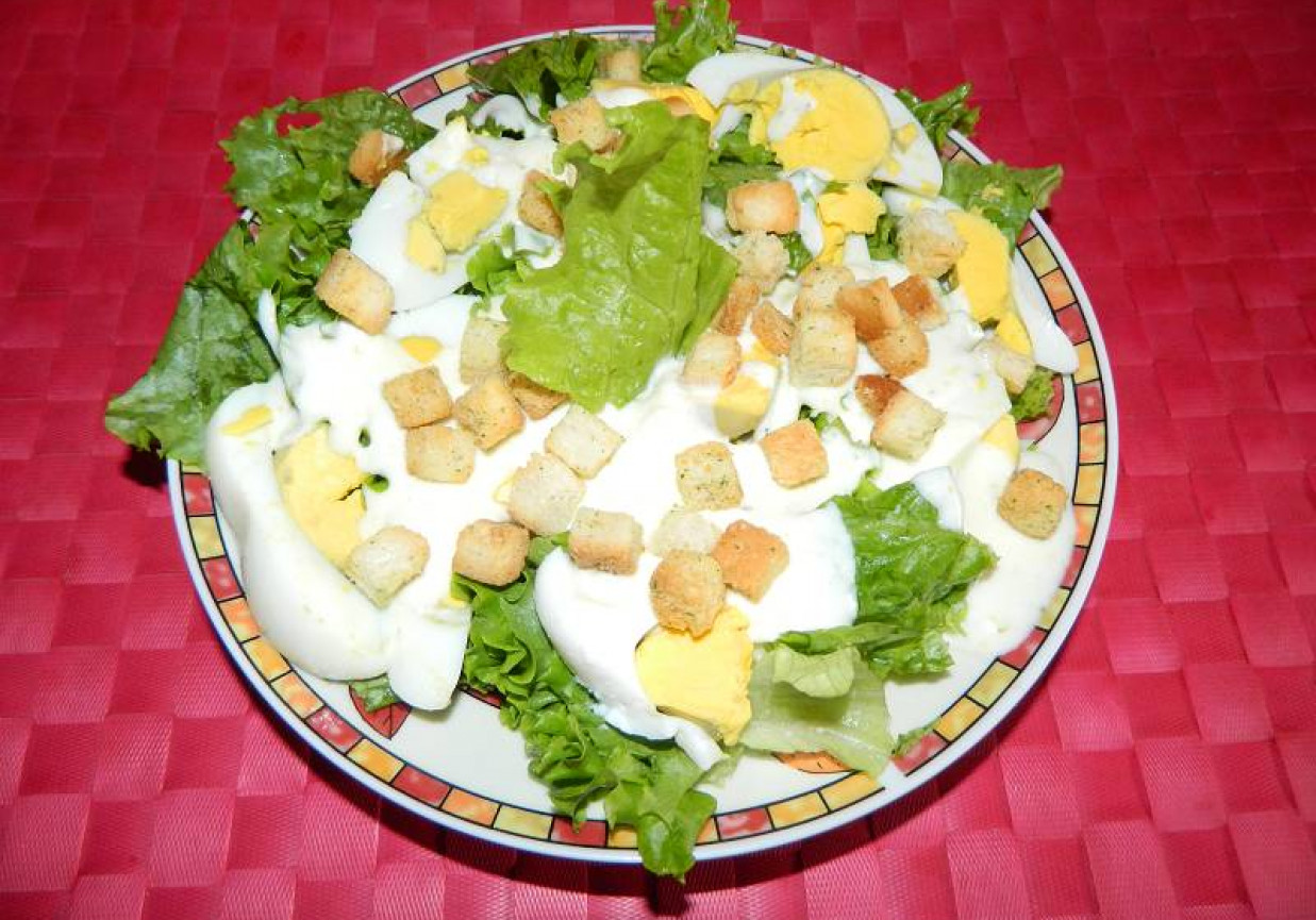 Sałata z jajkiem i grzankami w sosie jogurtowo-czosnkowym. foto