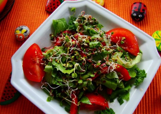 Fotografia przedstawiająca sałata zielona z pomidorem i kiełkami z sosem winegret