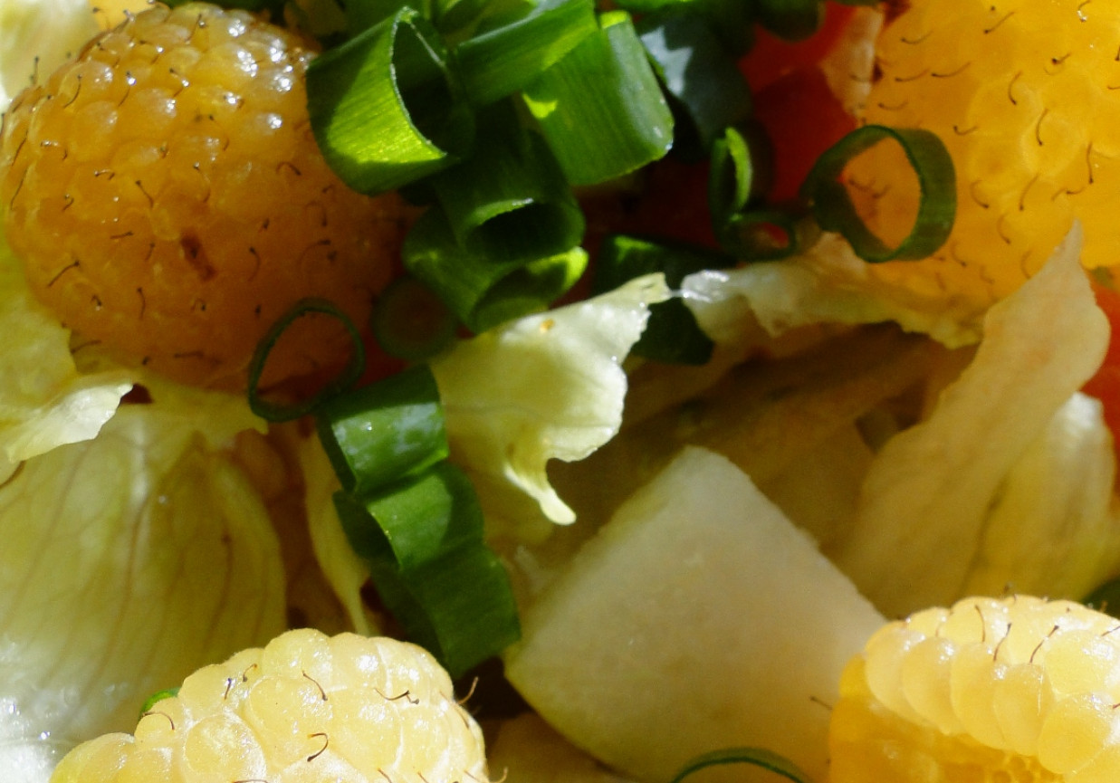Sałatka warzywna z malinami, gruszką i sosem słodko - kwaśnym foto