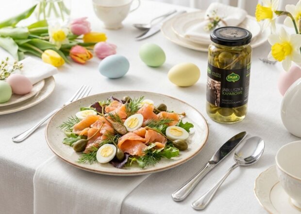 Fotografia przedstawiająca Sałatka z łososiem wędzonym, kaparami i jajkami przepiórczymi