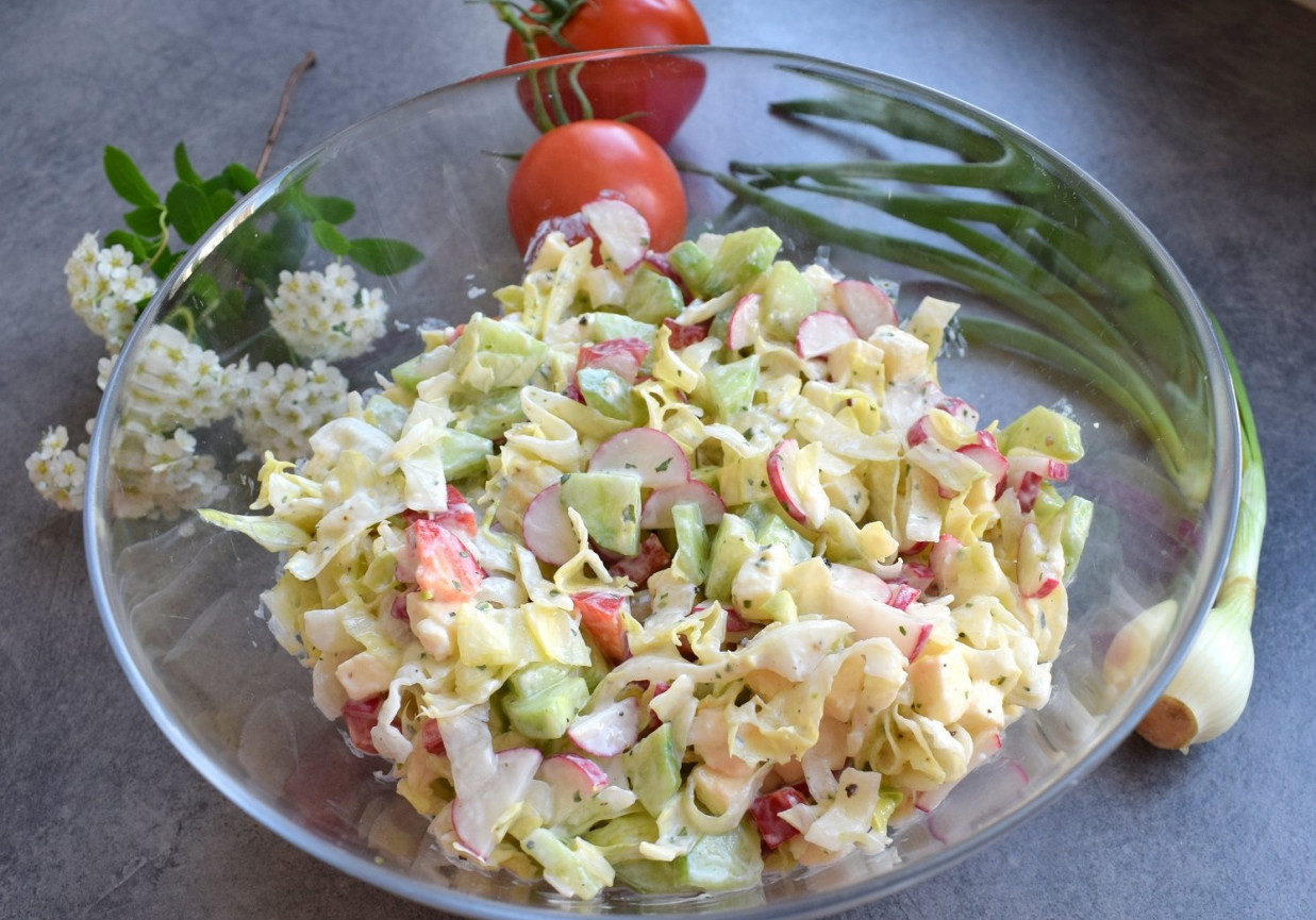 Sałatka z mozarellą, warzywami i sosem czosnkowym foto