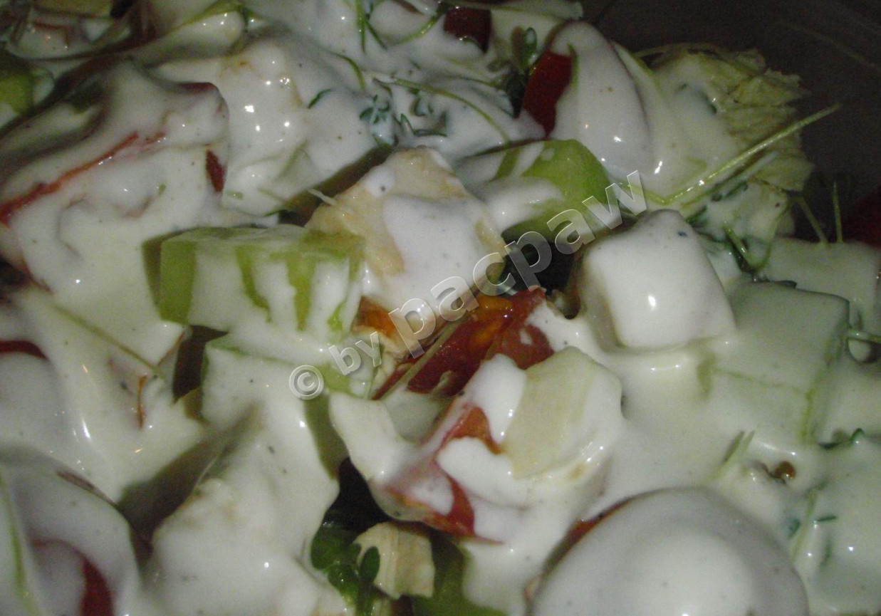 Sałatka z pieczoną piersią z kiełkami rzeżuchy w łagodnym sosie czosnkowym foto