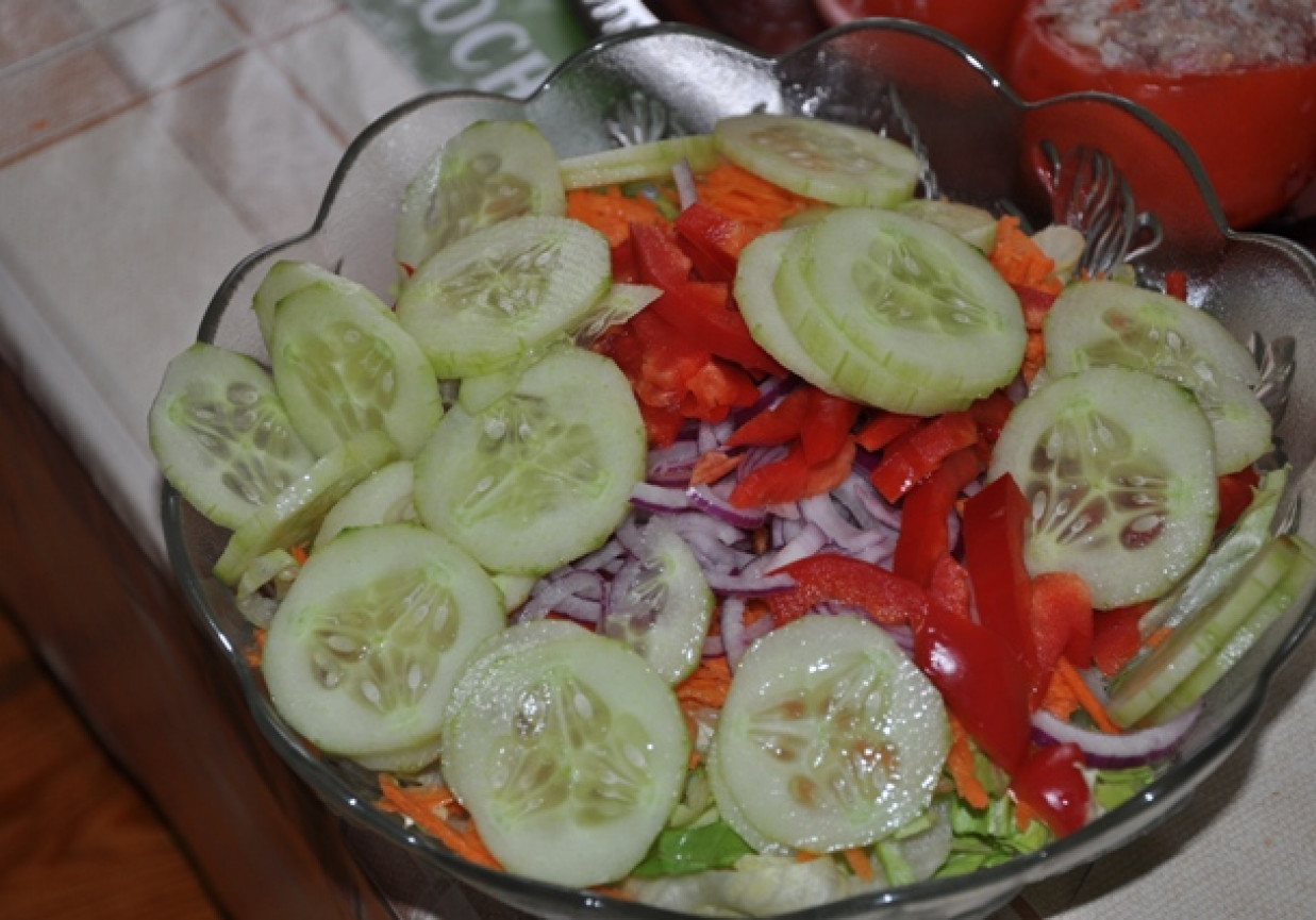 salatka z sałatą lodową, marchewką,czerwoną cebulą, jajami i papryką foto