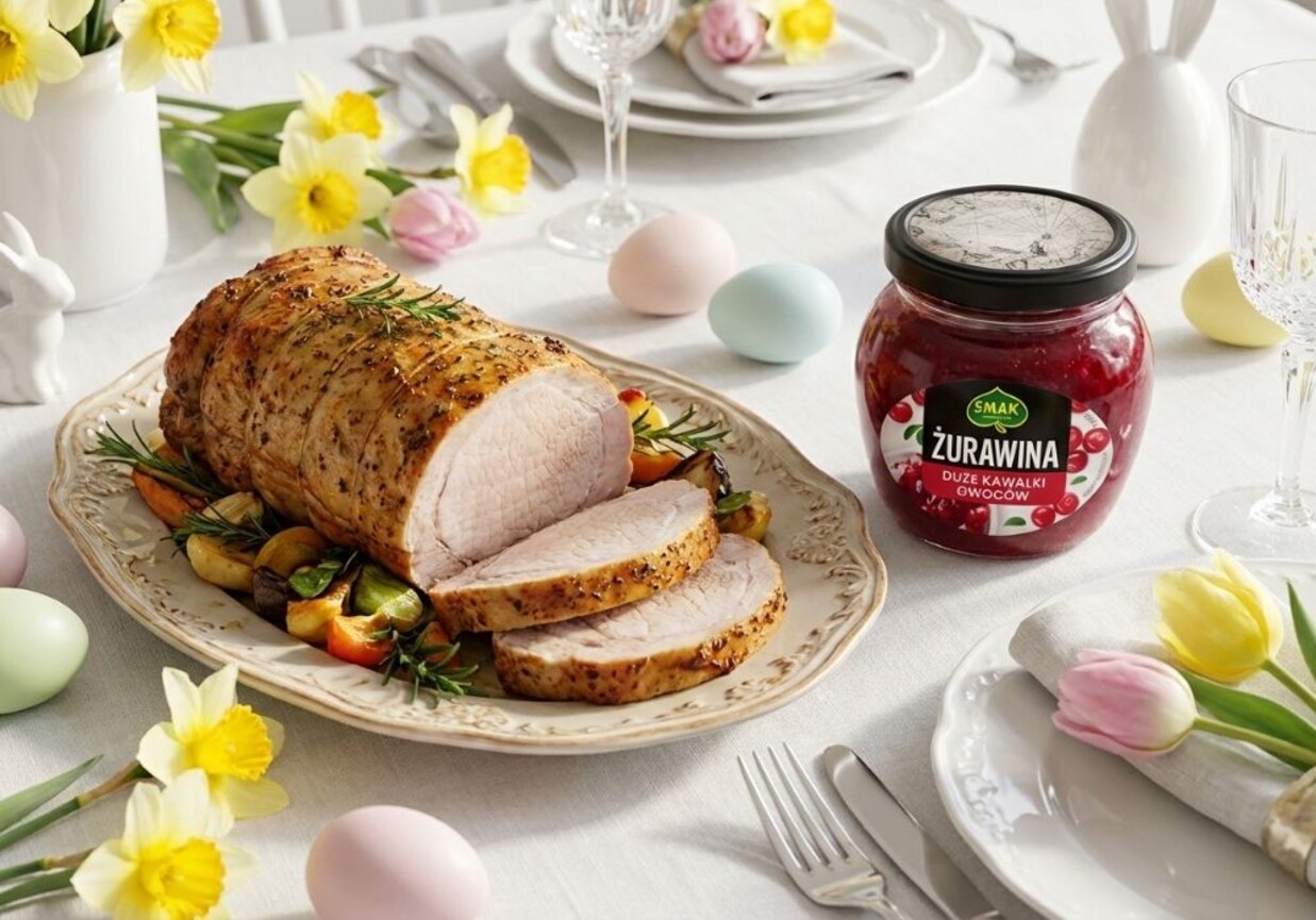 Schab pieczony w ziołach z chrzanem i żurawiną foto