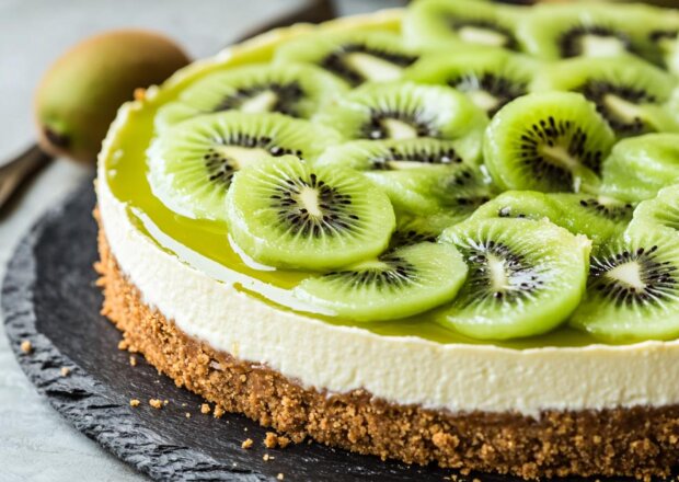 Fotografia przedstawiająca Sernik na zimno z mascarpone, lemon curd, białą czekoladą i kiwi