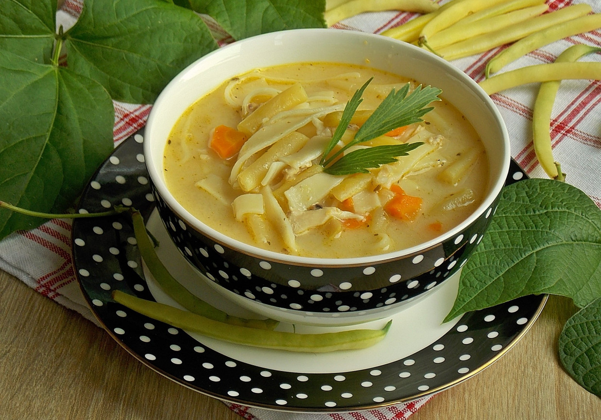 Serowa zupa z fasolką szparagową i makaronem foto