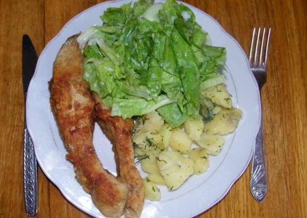 Fotografia przedstawiająca smażony łosoś z ziemniakami i surówką z sałaty i ogurków