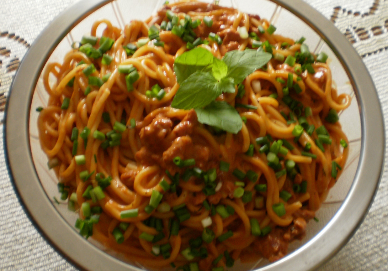 Spaghetti z sosem mięsnym na śmietance : foto