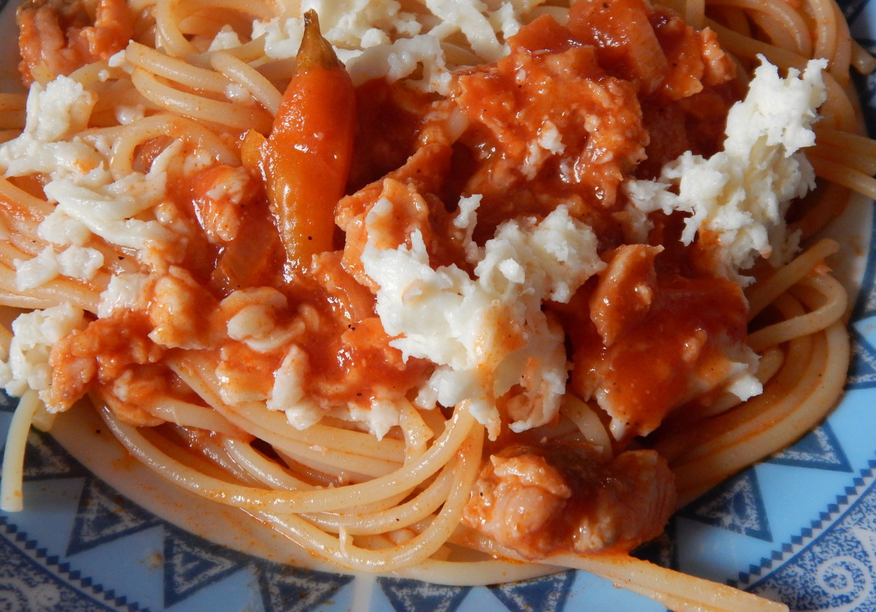 Spaghetti z wędzonym łososiem i mozzarellą foto