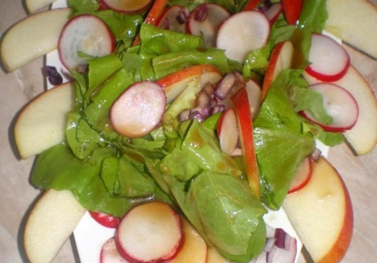Surówka z rzodkiewki, jabłek i cebuli na sałacie foto