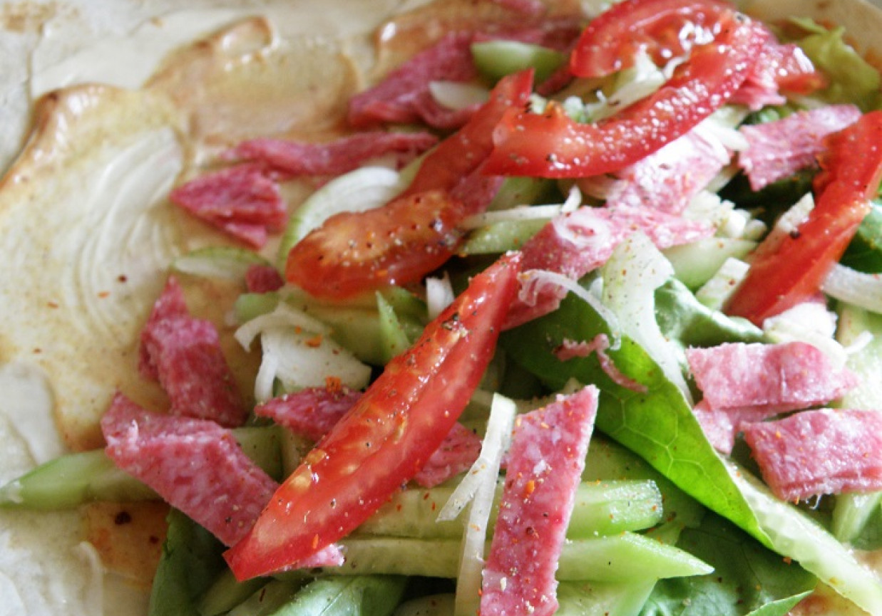 Tortilla z salami i warzywami foto