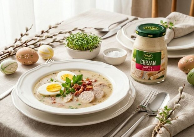 Fotografia przedstawiająca Żurek wielkanocny z białą kiełbasą i jajkami