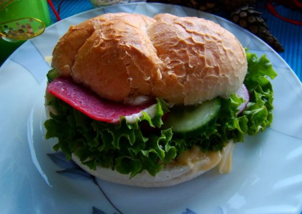 Fotografia przedstawiająca Wiosenny burger -bułka na ciepło z serem salami i warzywami